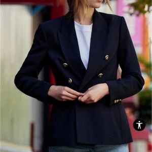 Zara Double Breasted Piqué Blazer Navy Blue